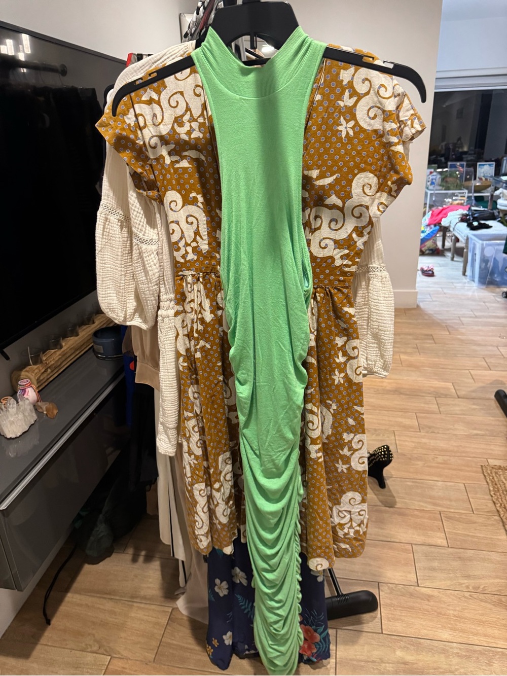 Green Ruched Maxi Dress with Mustard Floral Overlay